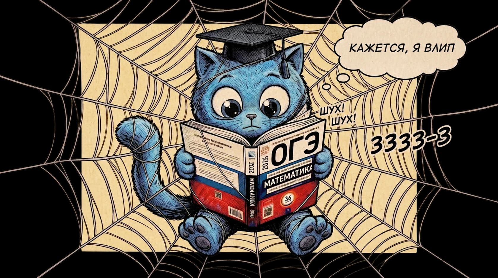 Кот в выпускной шапочке читает сборник «ОГЭ. Математика» и растерянно говорит «кажется, я влип», вокруг него паутина